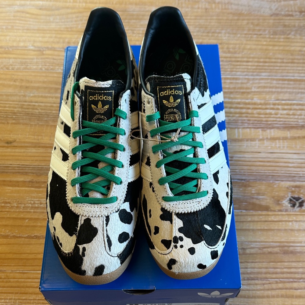 Adidas SL 72 Cow Print Sneakers with Black & White Upper and Green Laces.
